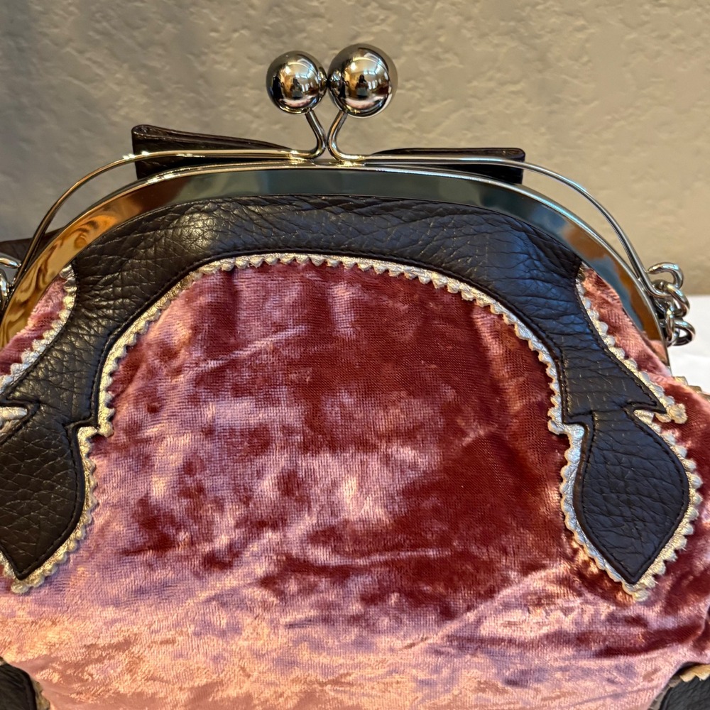 DKNY Velvet Kisslock Shoulder Bag Pink Brown Bow Y2K Coquette Purse - Picture 11 of 16